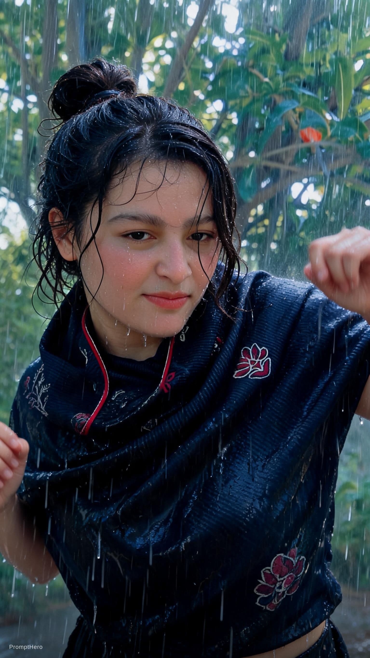 AI generated: Dancing in heavy rain, A beautiful lady, face and body are wet, messy bun hair 32k UHD, highly detai...