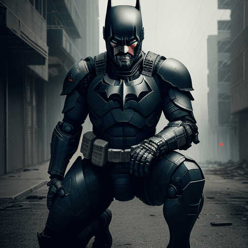 AI generated: black armed apocalypse batman in sci-fi battle armor with cybernetic helmet, aiming on one knee, mas...