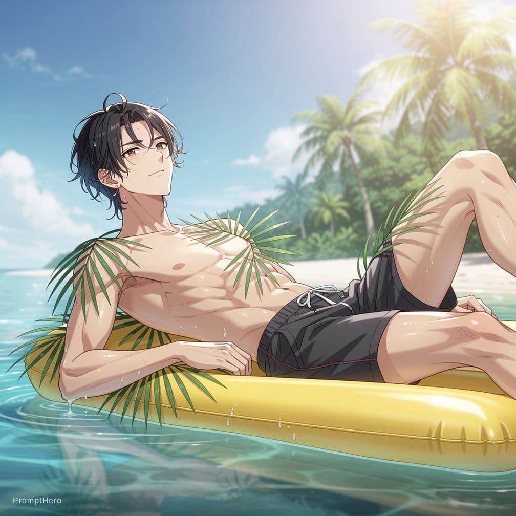 AI generated: Anime style illustration, a handsome 18 year old young man relaxing on a yellow float in clear blue ...