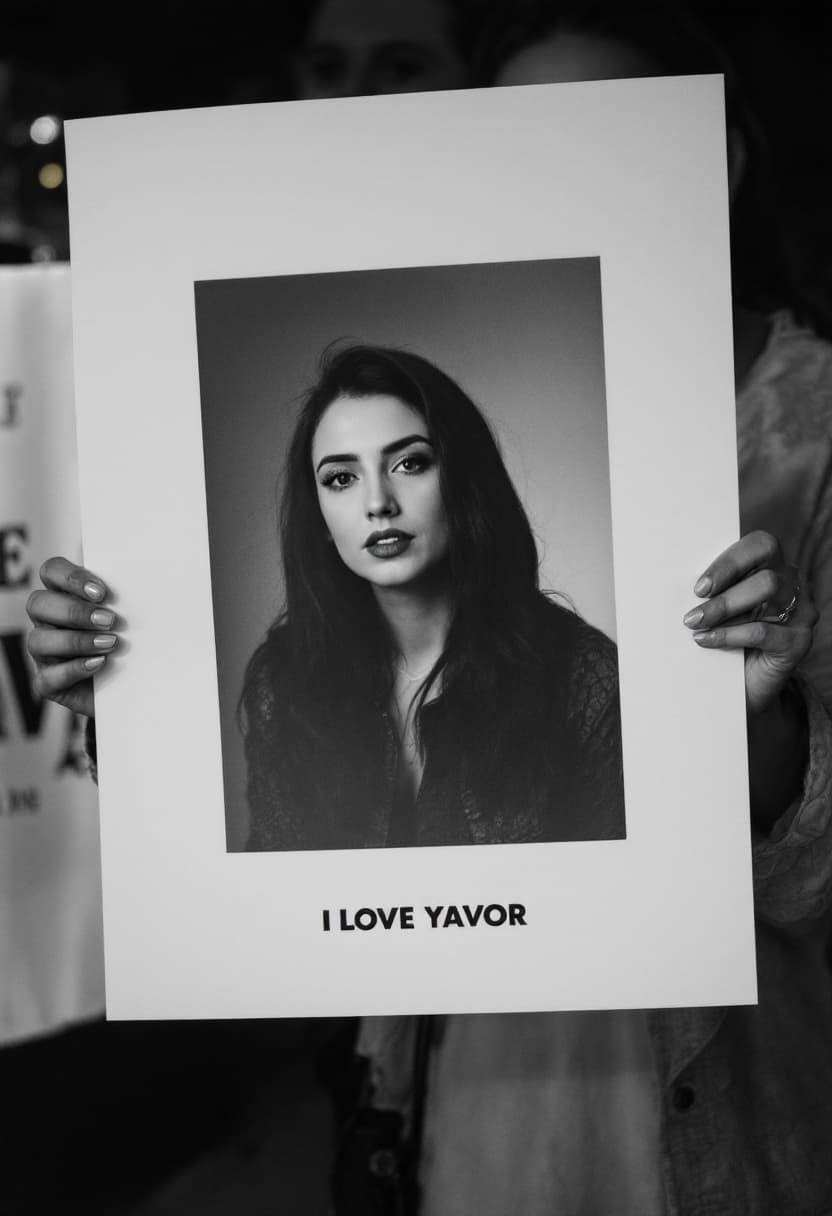 AI generated: Woman holding a poster I LOVE YAVOR