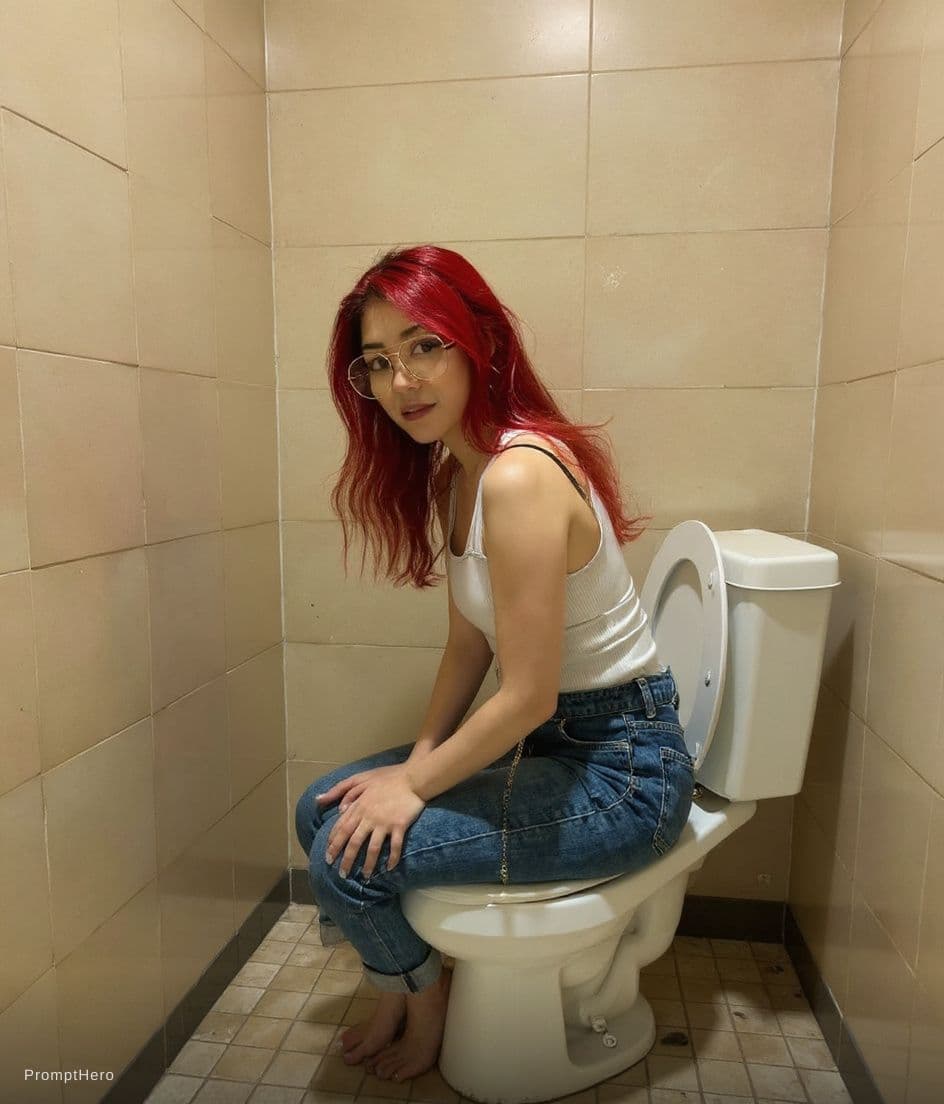 AI generated: Reimagine this woman relieving herself in a bathroom stall using a Japanese squat toilet. Keep it ce...