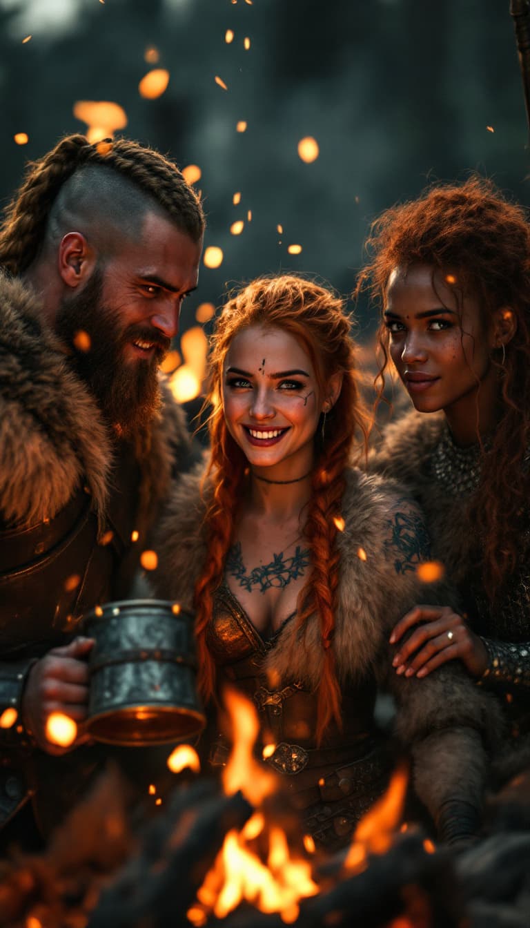 AI generated: Three Viking warrior women celebrating their victory around a bonfire in the middle of a battlefield...