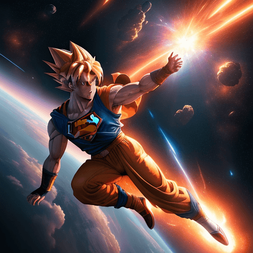 AI generated: "Generate highly detailed image: Goku (Super Saiyan 3) fighting Superman in space, Earth explodes in...