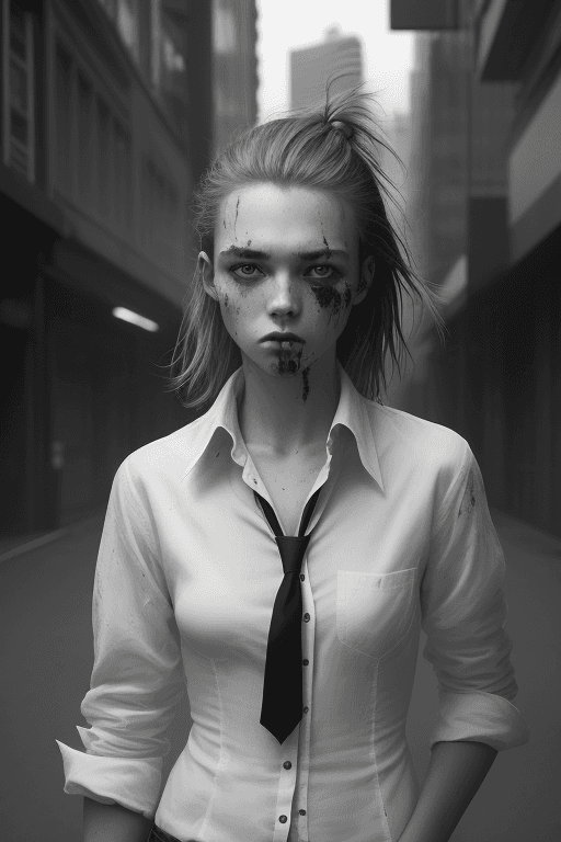 AI generated: a black and white photo of a woman, dress shirt, somewhat androgenic, one model, rugged, sydney, tak...
