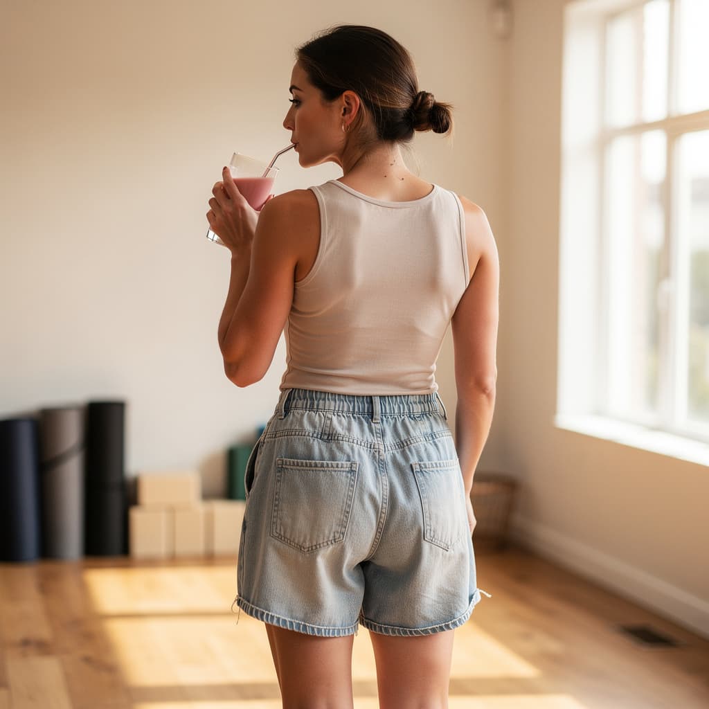 AI generated: seen from behind, woman drinking pink bevarage , standing in yoga room and wearing her denim hotpant...