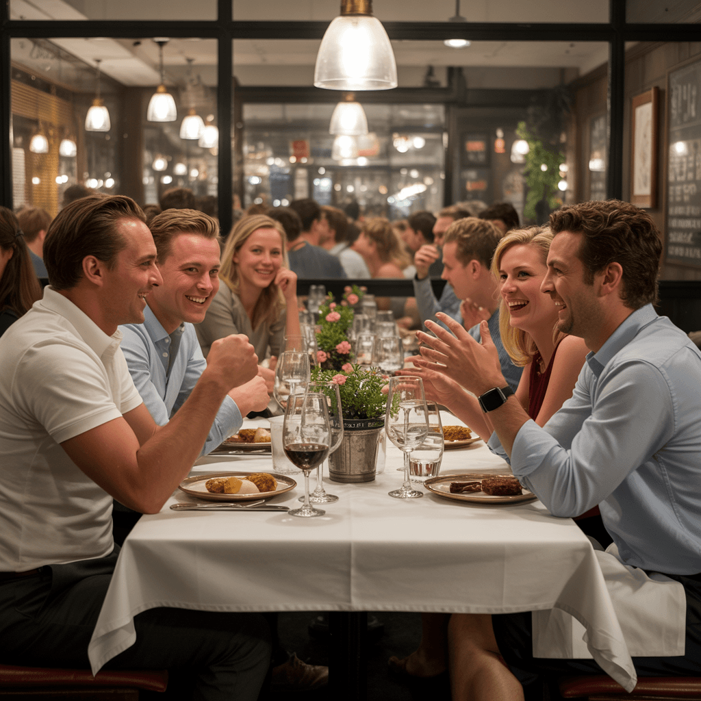 AI generated: hyper photorealistic image of a full table of cheerful customers having conversations in a dutch res...
