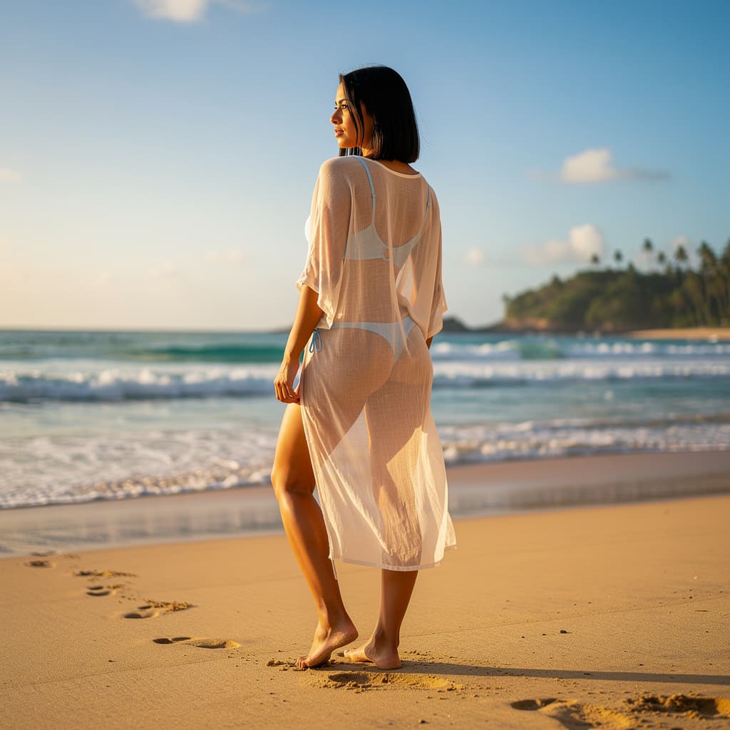 AI generated: Wonderful Brazilian woman, 25 years-old, short black hair, blue eyes, wearing none on the beach, ful...