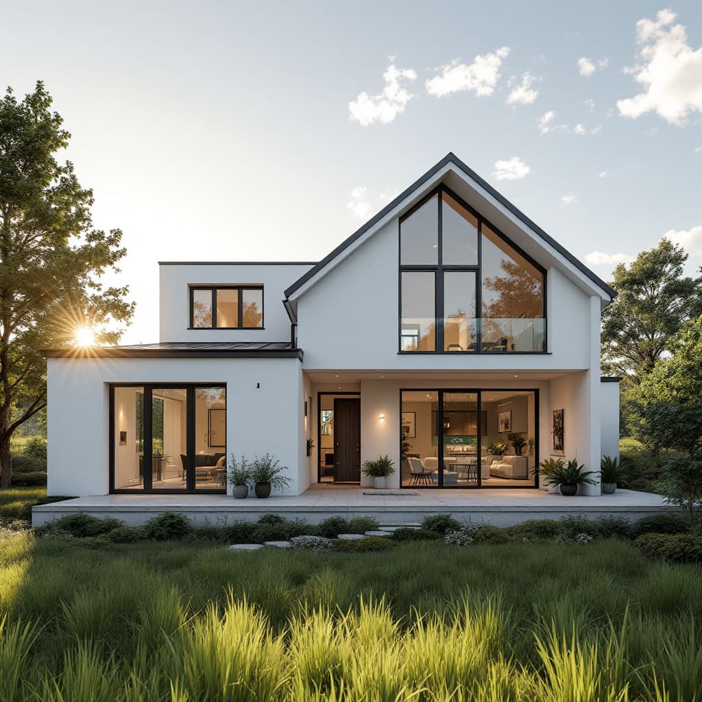 AI generated: create a high resolution image of a two story house in the country side with high ceiling windows a ...