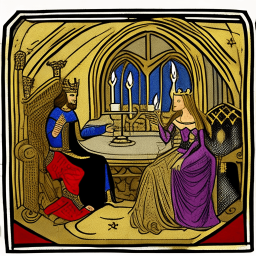 AI generated: Middle Ages A king and queen on their throne, facing each other. The queen has curly blond hair and ...