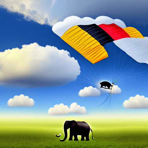 AI generated: Elephant with parachute, falling through sunny clouds towards fields