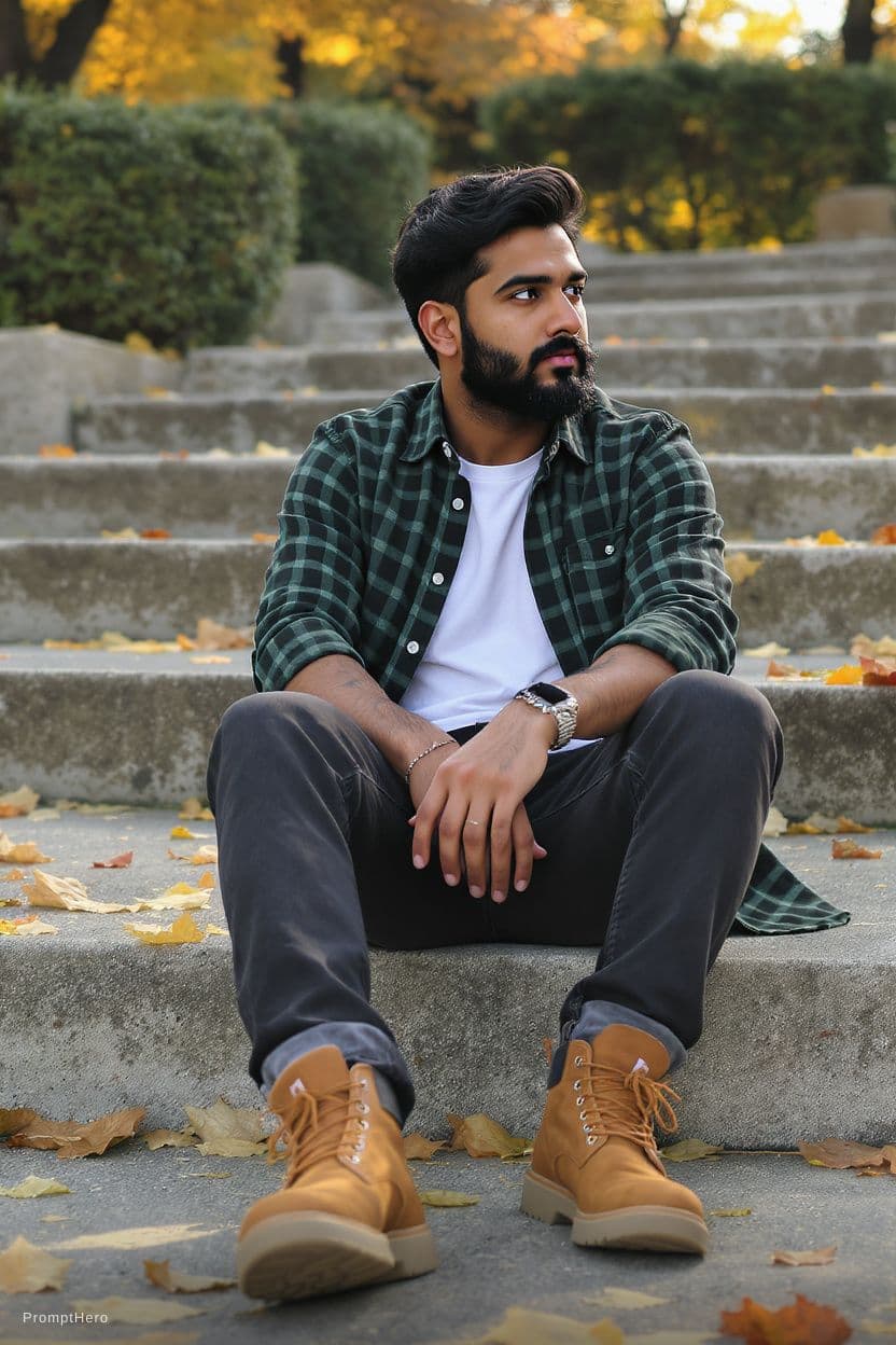 AI generated: A candid, photorealistic outdoor portrait of a young South Asian man sitting casually on wide concre...