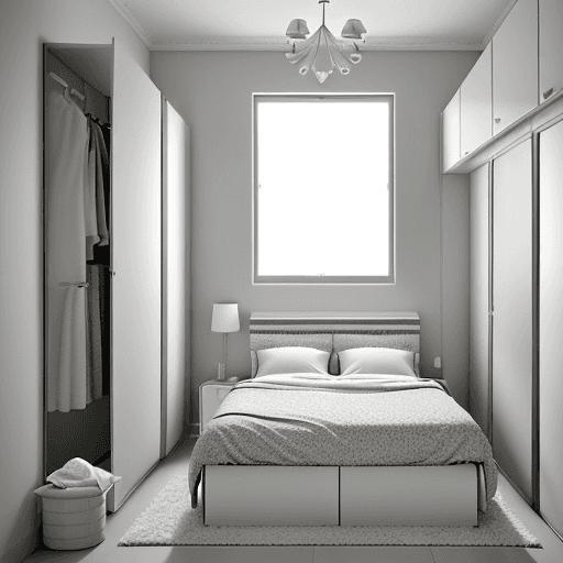 AI generated: Designing a gray and white themed bedroom for a young couple in a 3x3m² space with a double bed, wor...