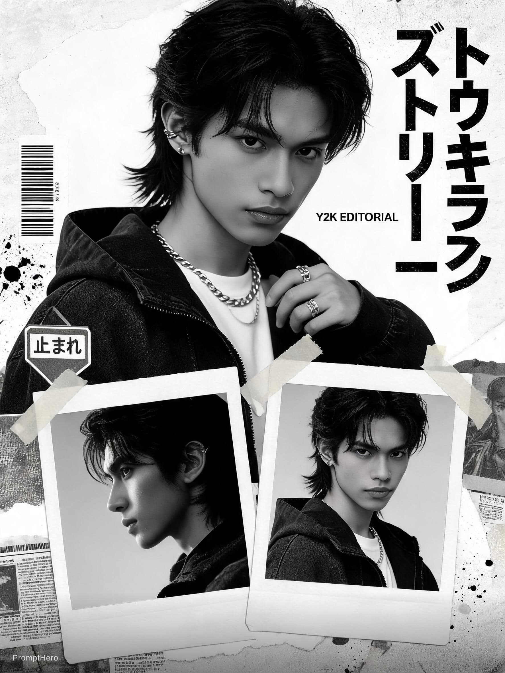 AI generated: Buat poster kolase editorial streetwear Jepang bergaya Y2K yang bold dengan estetika majalah fashion...