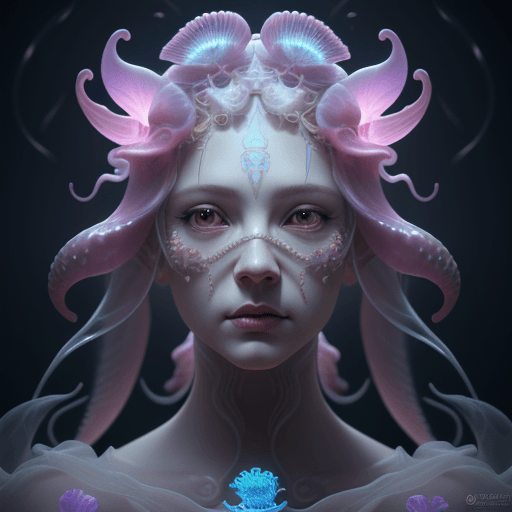 AI generated: Goddess close-up portrait ribcagel. jellyfish phoenix head, nautilus, orchid, skull, betta fish, bio...
