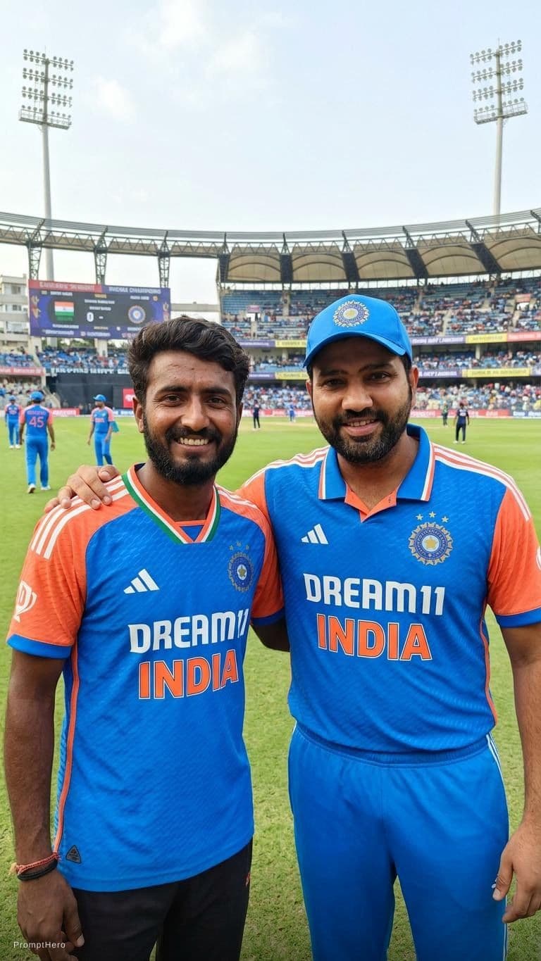 AI generated: A realistic high-quality photo of me standing beside a famous Indian cricketer resembling V
Rohit Sh...