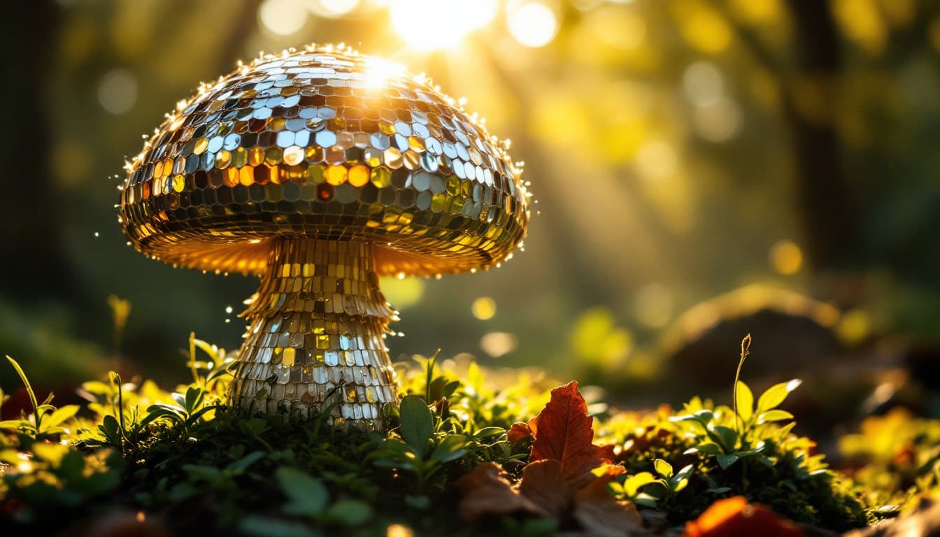 AI generated: Sunlight beaming on a mushroom made out of disco ball material