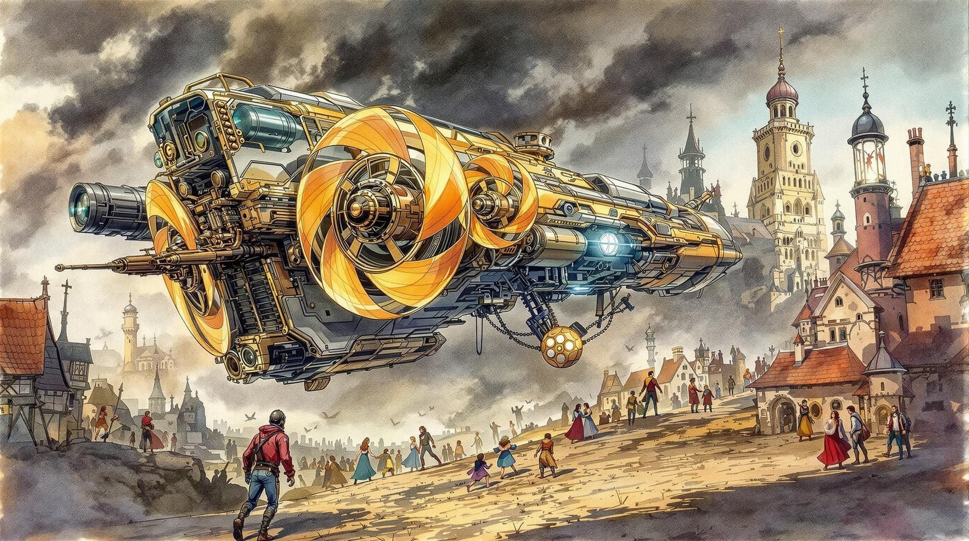 AI generated: Medieval scene, detailed oil color pencils and wet-on-wet colored ink  wash sketch of what life may ...