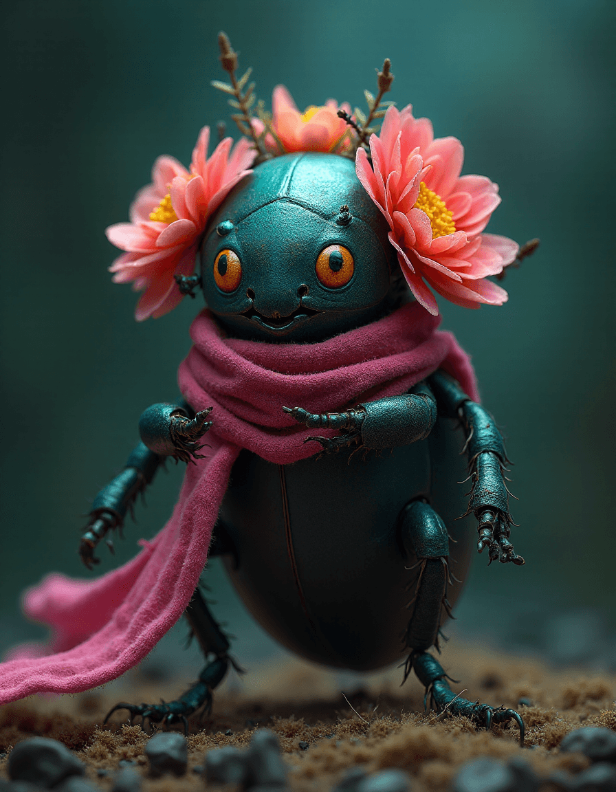 AI generated: floral beetle wearing a (long:1.2) pink (scarf:1.3), a beetle with arms and a head, (dark shot:1.17)...