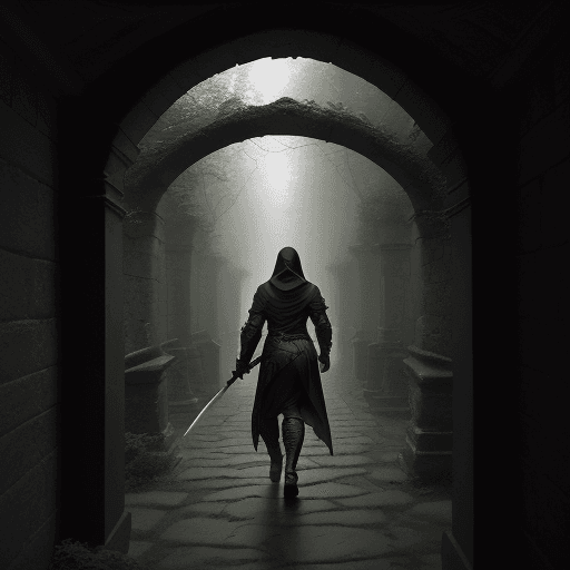 AI generated: The photo shows a figure in dark armor and hood holding a sword and walking through an ancient stone...
