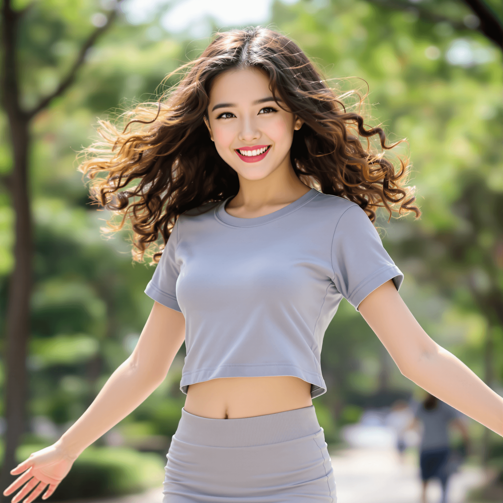 AI generated: A young Japanese girl, wearing a short T-shirt and tight skirt, has curly brown hair. She has a slim...