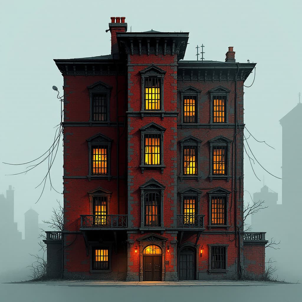 AI generated: (6-story:2.2) emphasize six floors, grand building, red exterior brick walls, prison barred windows,...