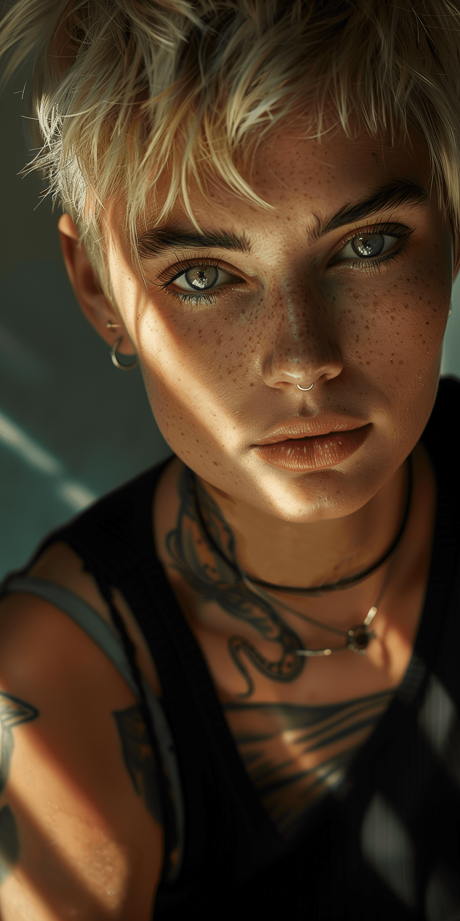AI generated: high-resolution photograph, short hair blonde woman, blonde eyebrows, hazel eyes, very subtle freckl...