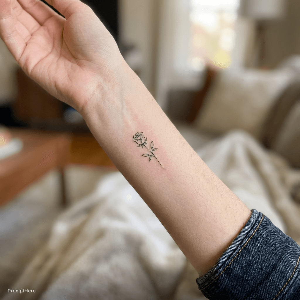 AI generated: small minimalist rose on inner forearm, fine line black ink