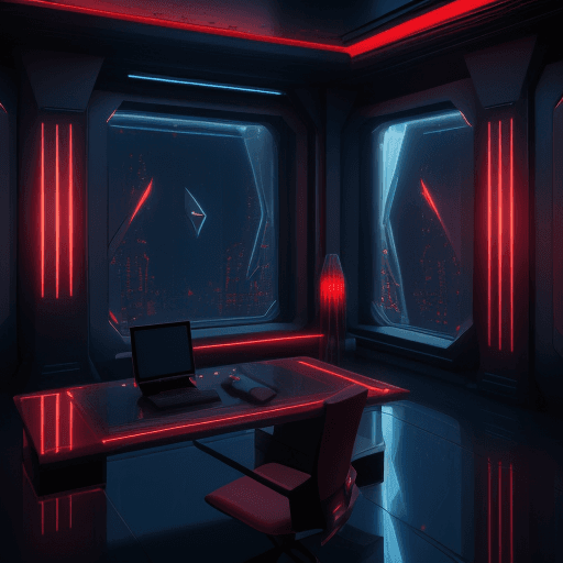 AI generated: futuristic bedroom, luxuury style computer on metal desk, architecture, sci-fi, beautiful, geometric...