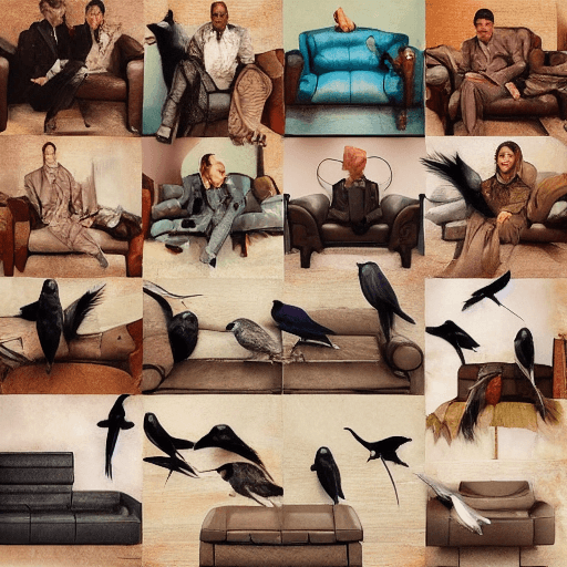 AI generated: photograph differents birds dressed in suits sitting on a leather sofa, faded colors, low-saturation...