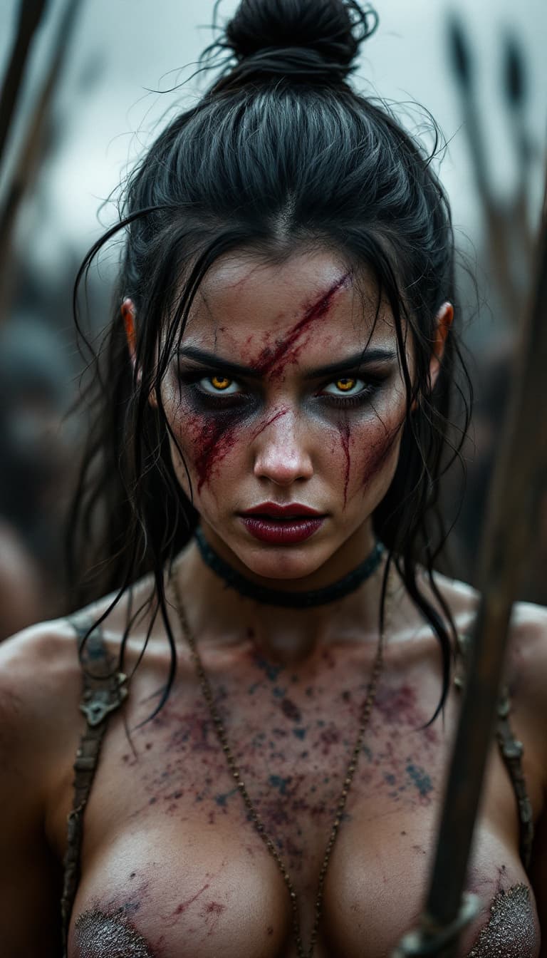 AI generated: high-resolution photograph, woman, ugly scar in the face, exposed body,  dramatic scene of old war, ...