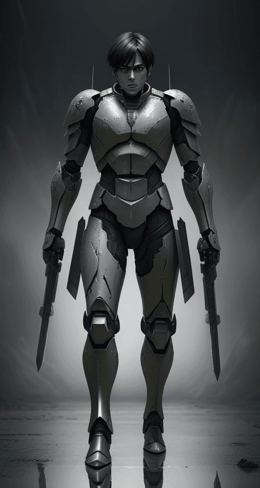 AI generated: Eren jaeger character, anthropomorphic figure, wearing futuristic soldier armor and weapons, reflect...