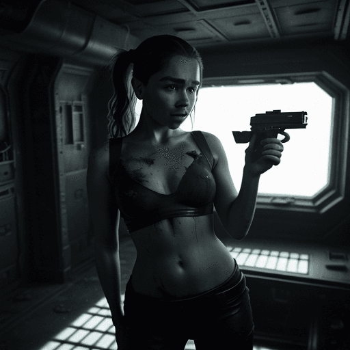 AI generated: photorealistic photo of a Hot cleverage open torso or chest ponytail scared terrified Sci fi Emilia ...