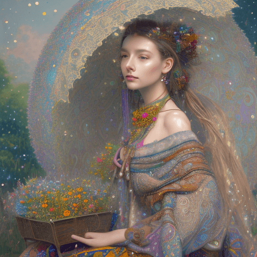 AI generated: a gorgeous lady with a hyper 
 beautiful face with a long multicolored
 Bohemian dress, 
 sitting on...