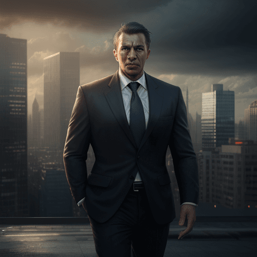 AI generated: Photo of ultra-realistic businessman, dramatic light, city background with buildings, cinematic ligh...