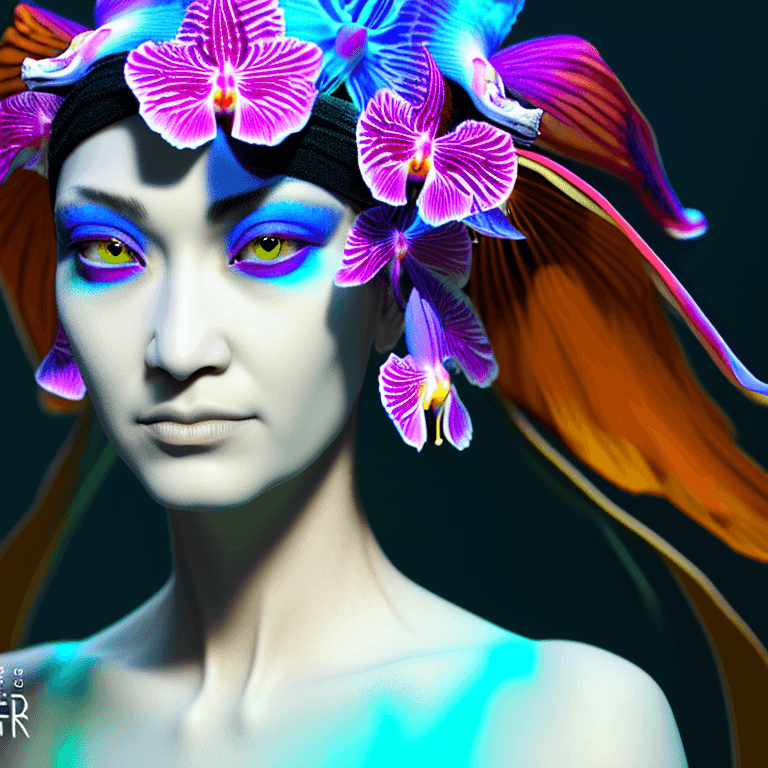 AI generated: Goddess close-up portrait ribcagel. jellyfish phoenix head, nautilus, orchid, skull, betta fish, bio...