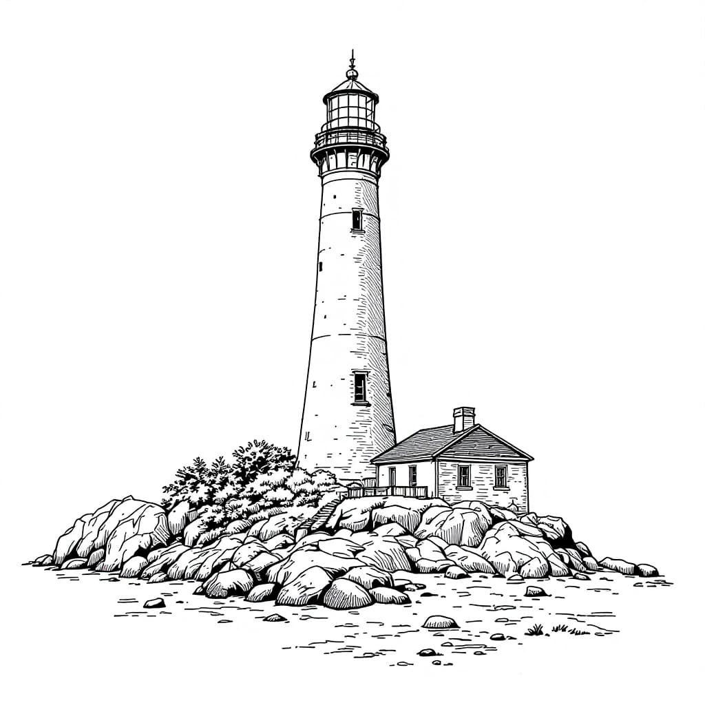 AI generated: Create a low detailed monochrome illustration of [lighthouse], featuring a detailed line-drawing sty...