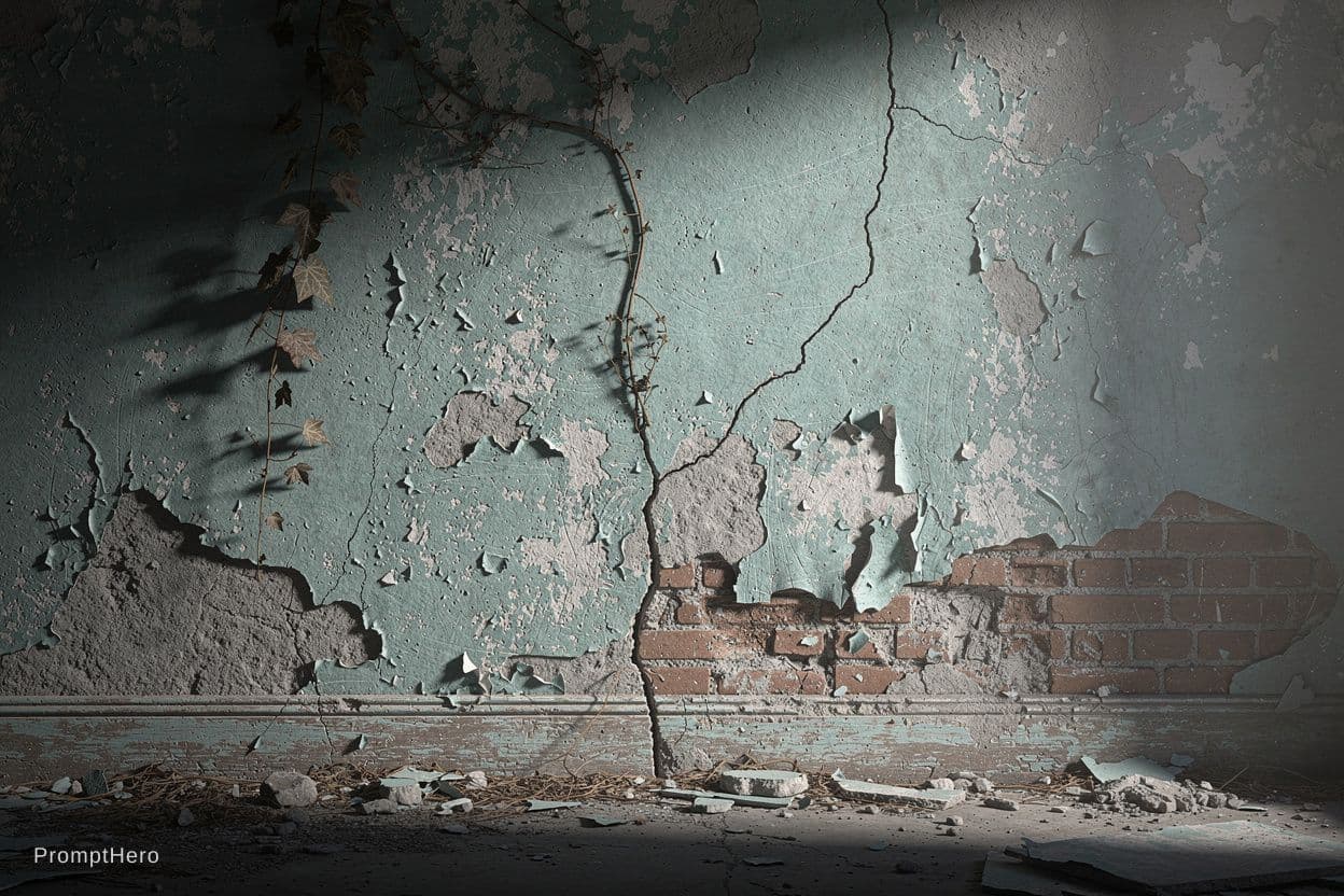 AI generated: [The Core Subject]: Cinematic still-life photography focusing on a decaying, ancient plastered wall ...