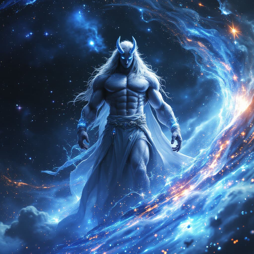 AI generated: God of Healing and sickness, full-body, Etherial, muscular, ((No mouth or hair)), Glowing blue and g...