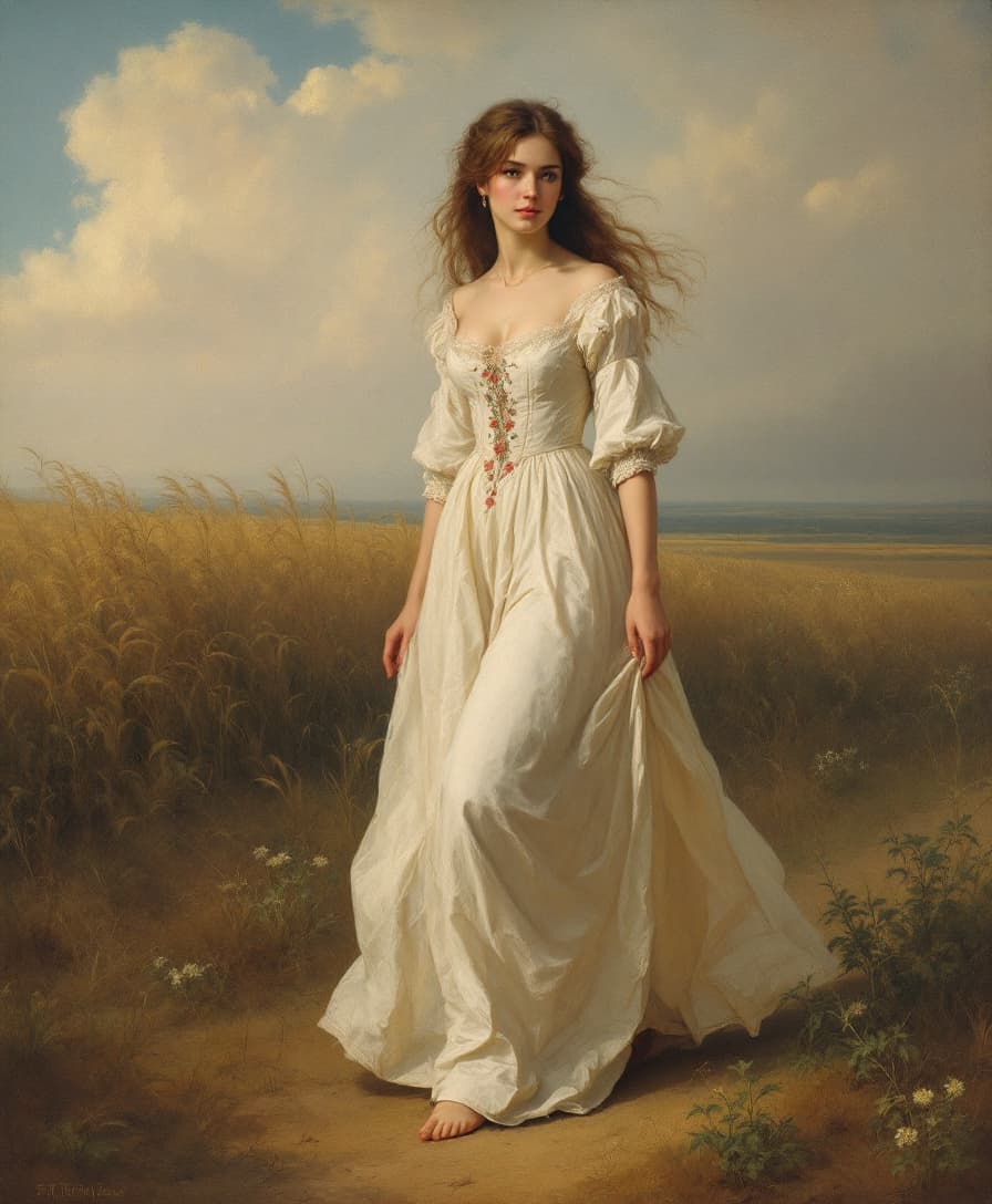AI generated: Uma pintura artística a oleo Uma jovem mulher caprichosa do início do século XIX, em estilo vitorian...