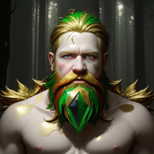 AI generated: Half body head-size, gold red green art, leprechaun man, porcelain skin, cracked paper art he has th...