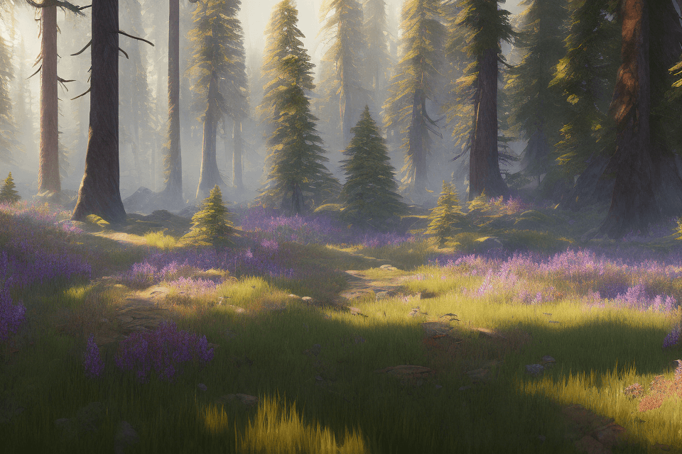 AI generated: pacific northwest, forest, wildflowers, unreal engine, watercolor, epic dreamlike fantasy landscape,...