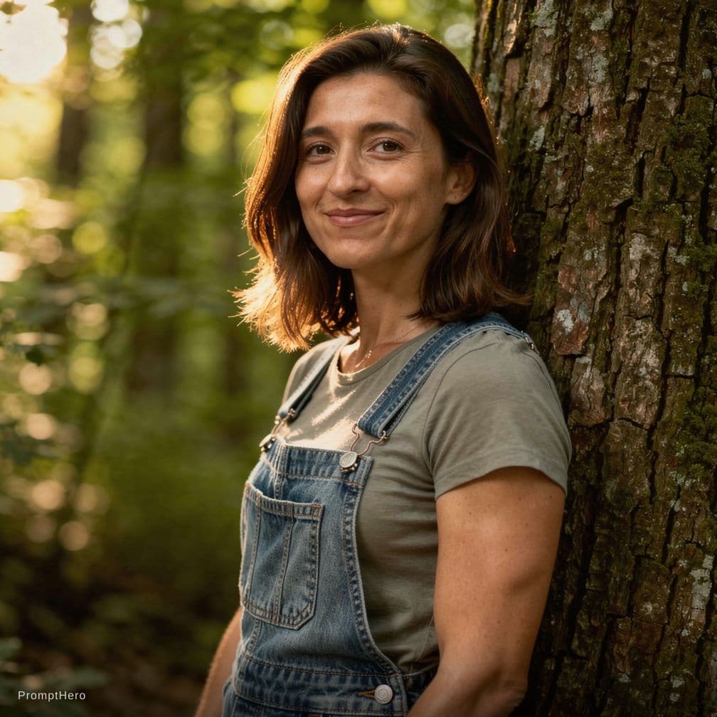 AI generated: A fit adult woman stands in a natural outdoor setting, leaning against a textured tree trunk. She ha...