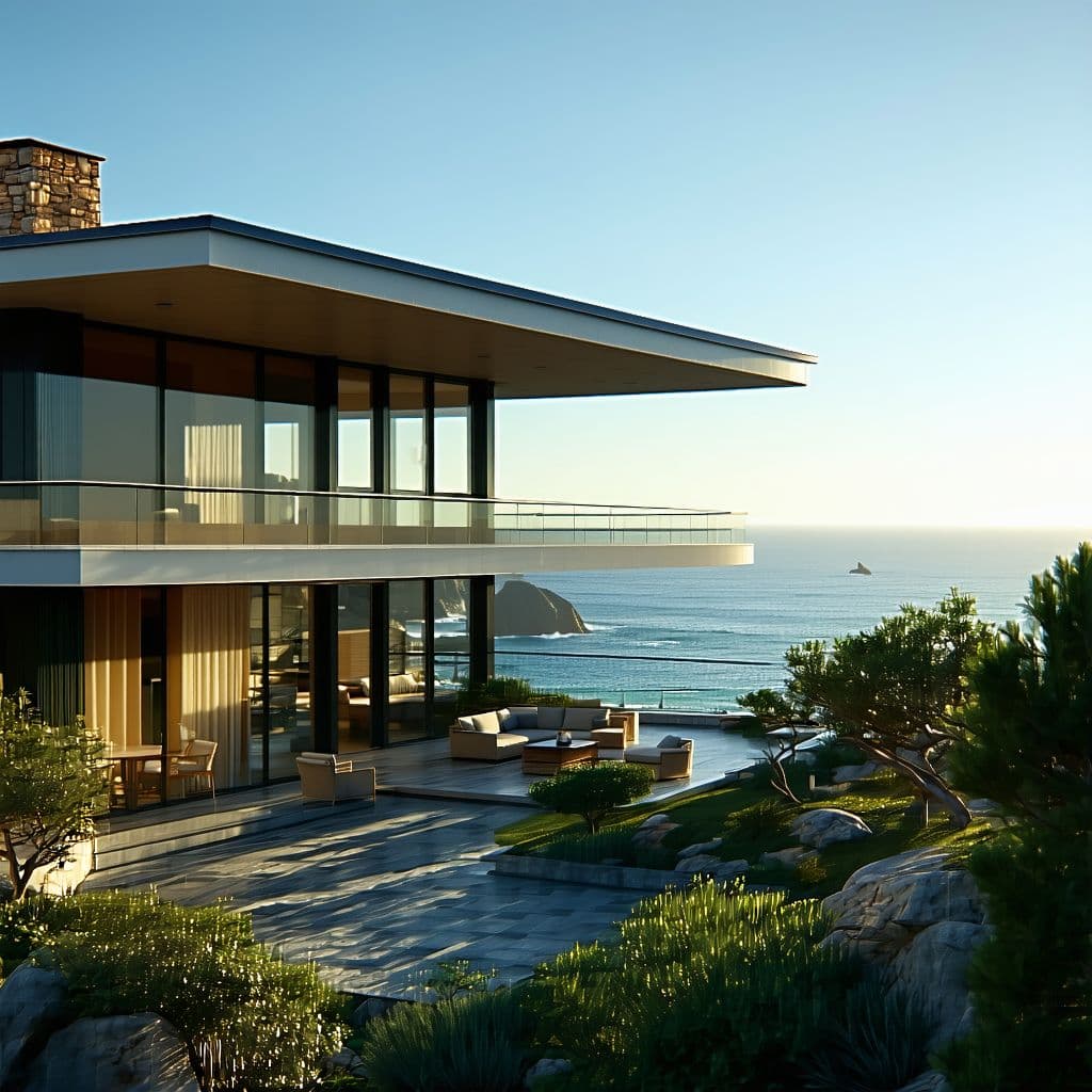 AI generated: Hyper realistic eye level exterior photo of a mid century modern style house overlooking the ocean, ...