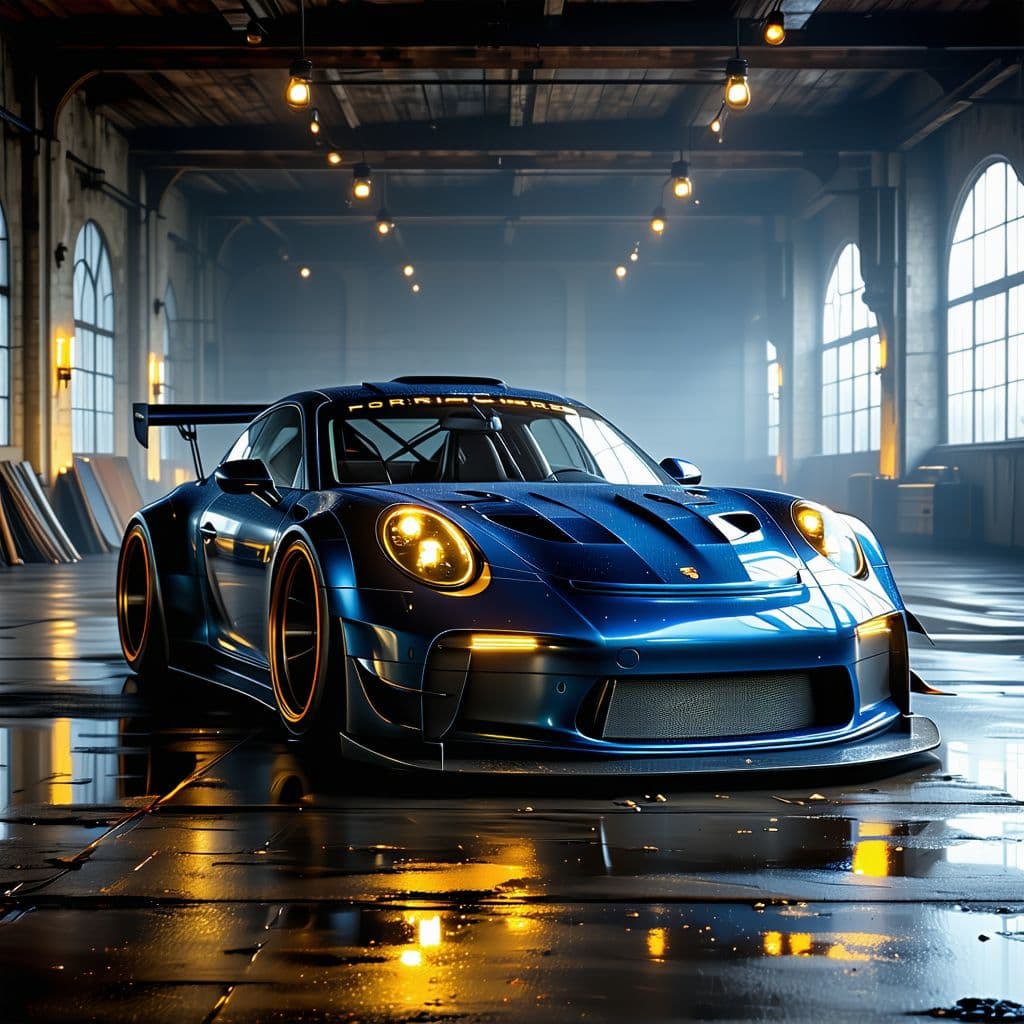 AI generated: General outline of a latest model Porsche gt3 in steampunk style,  with glowing headlights, polished...
