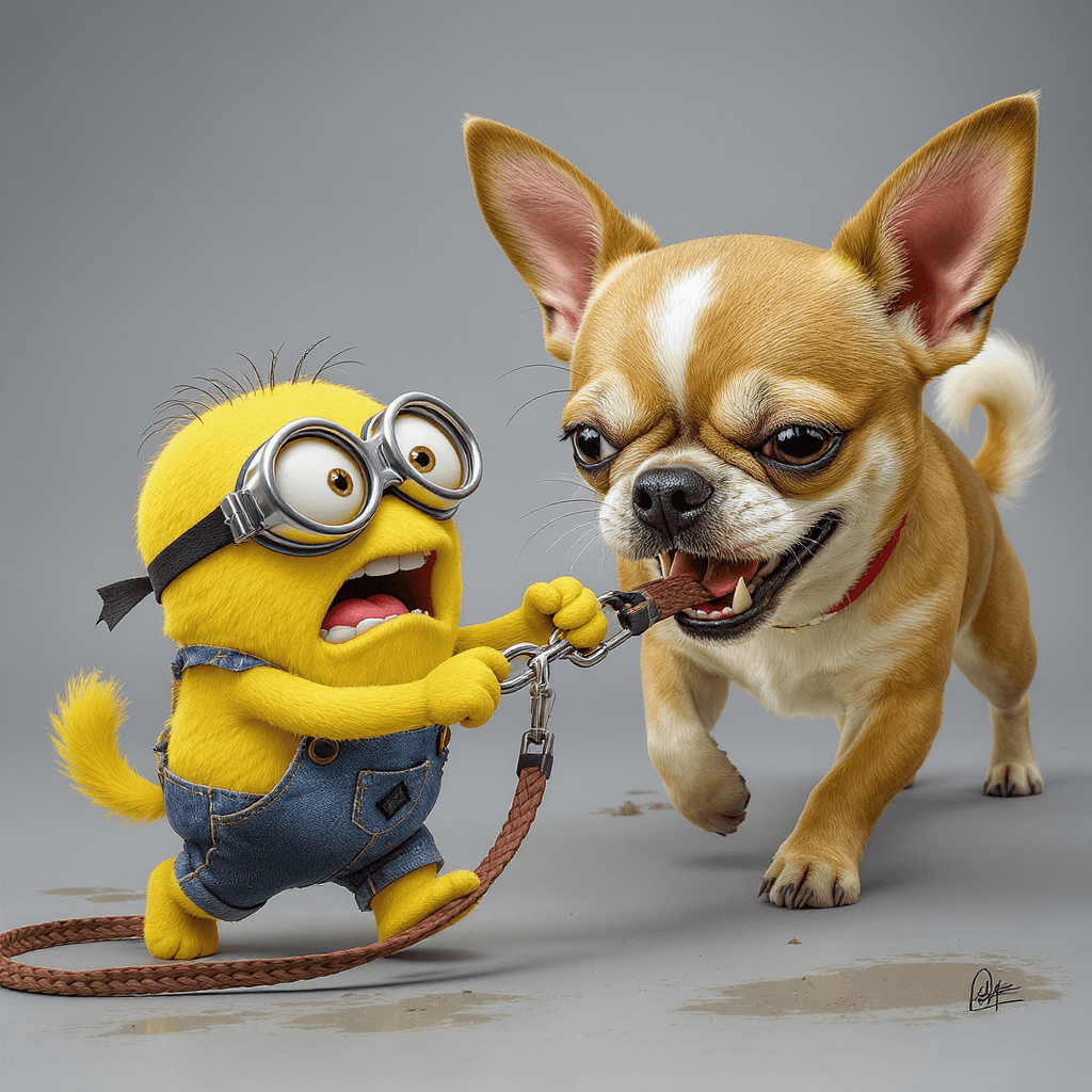 AI generated: Two funny small yellow cartoon creatures with goggles and blue overalls, firmly linked together with...