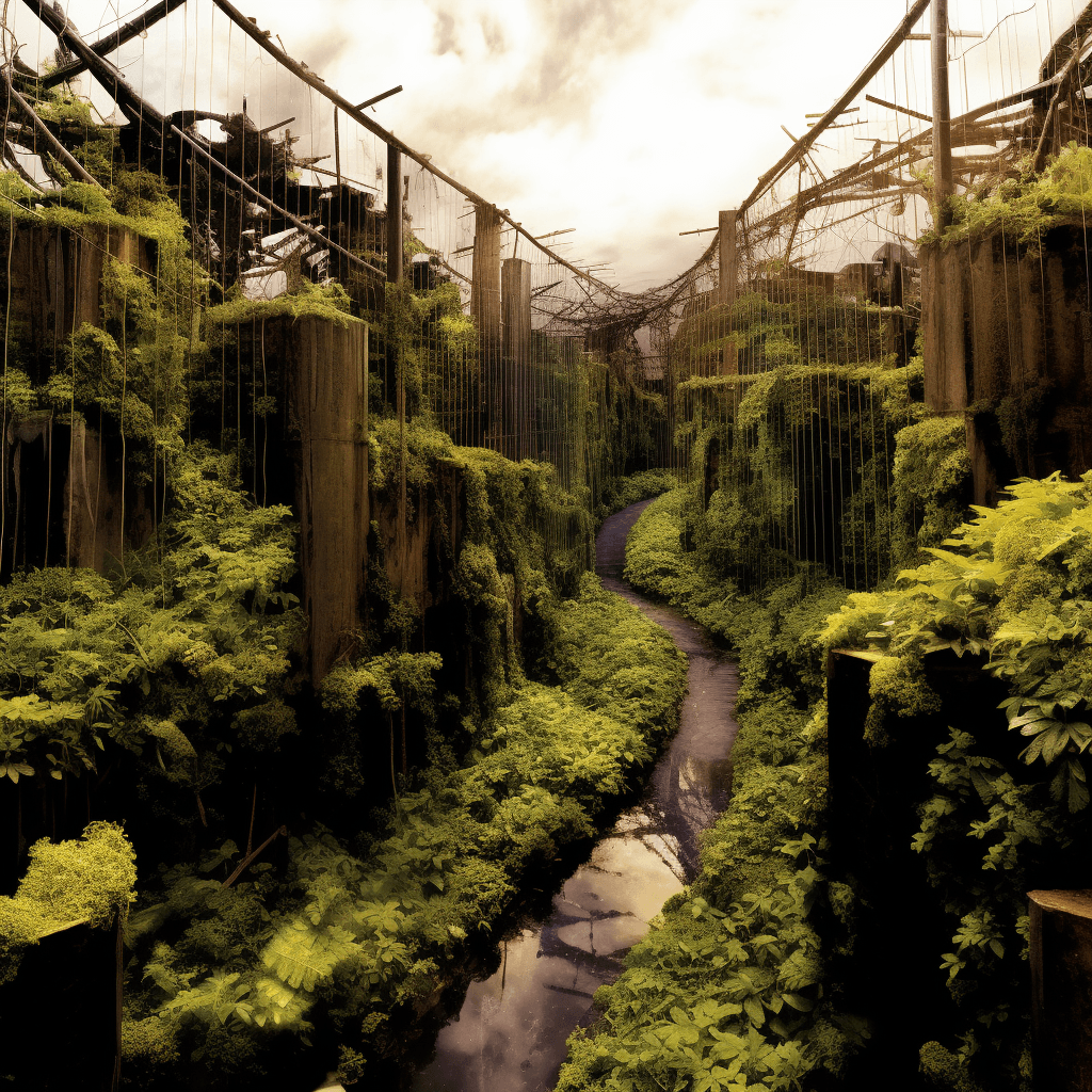 AI generated: a  city that has been abandoned and overtaken by nature. The buildings are crumbling and covered wit...