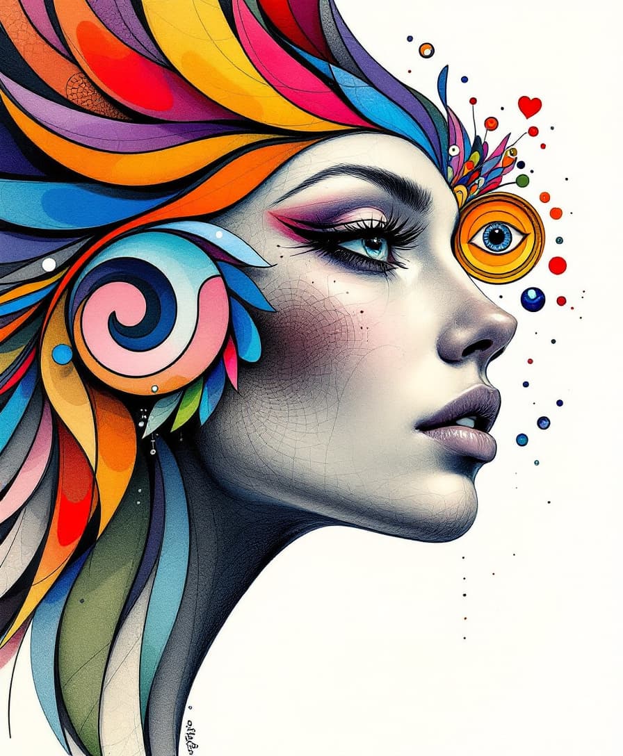 AI generated: pretty wife, head of a parrot, only colourfull lines, background white, surreal, by paul wunderlich,...