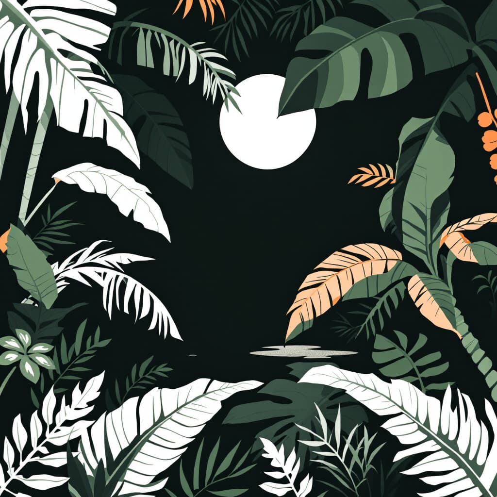 AI generated: graphic jungle scene illustration background for a 3x3 grid. in the center is a small white circle. ...