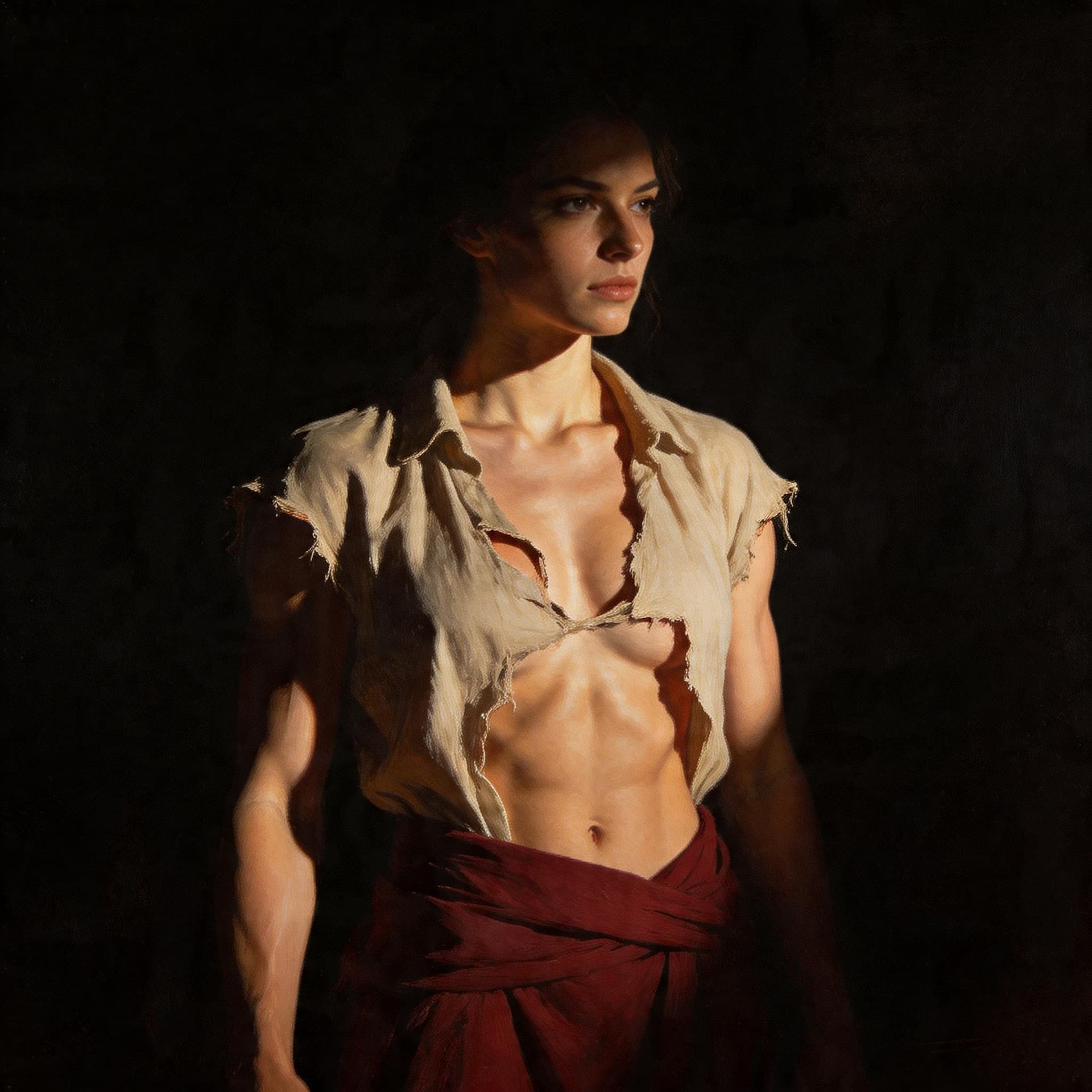 AI generated: Tenebristic oil painting with dramatic light contrast of a muscular female figure emerging from dark...