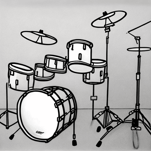 AI generated: drawing of a drum set,white color drawing,big drums and toms,cymbals normal size